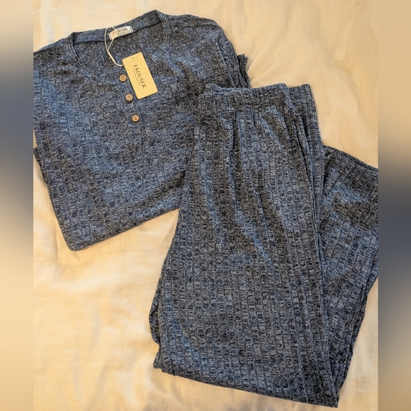 NWT Heather Blue Ribbed Knit Two-piece Lounge Pajama Set - Picture 2 of 7